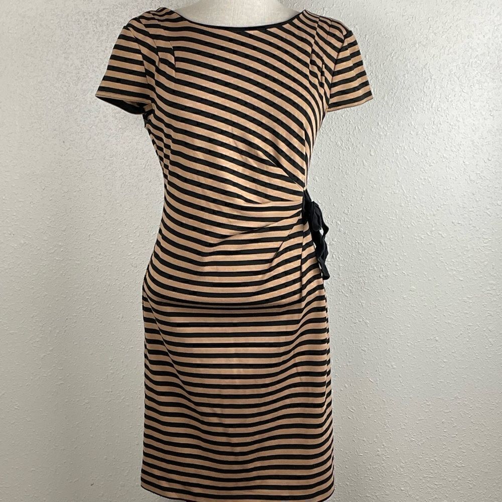 Pre-Loved Spense Womens Black and Brown/Tan Stripped Midi Dress Size 4